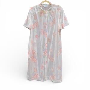 Vintage Sheer Floral Lace Trim Bow Neck Button Front Nightie